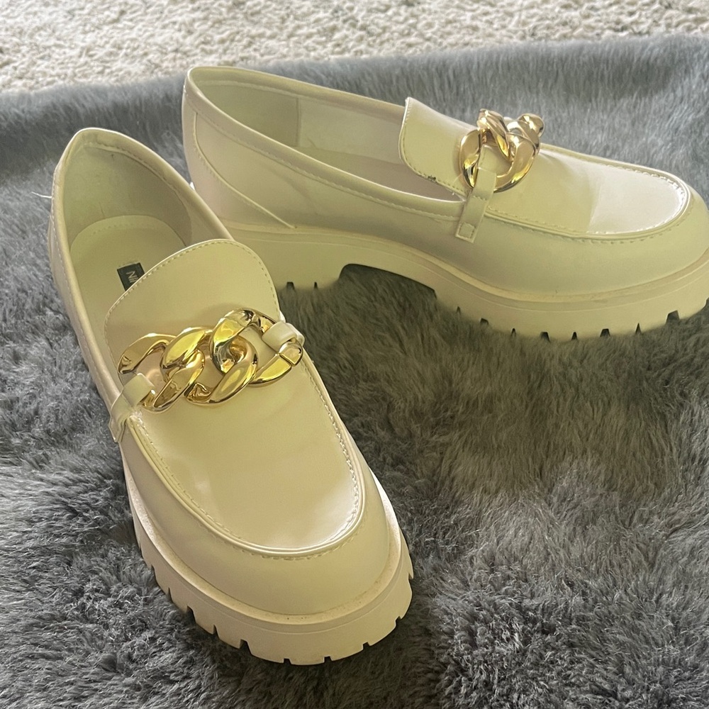 Nine West White Loafers with Gold Accent